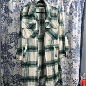 BlankNYC Shacket Jacket Women's L Green Plaid Long Snap Up Pockets Collared